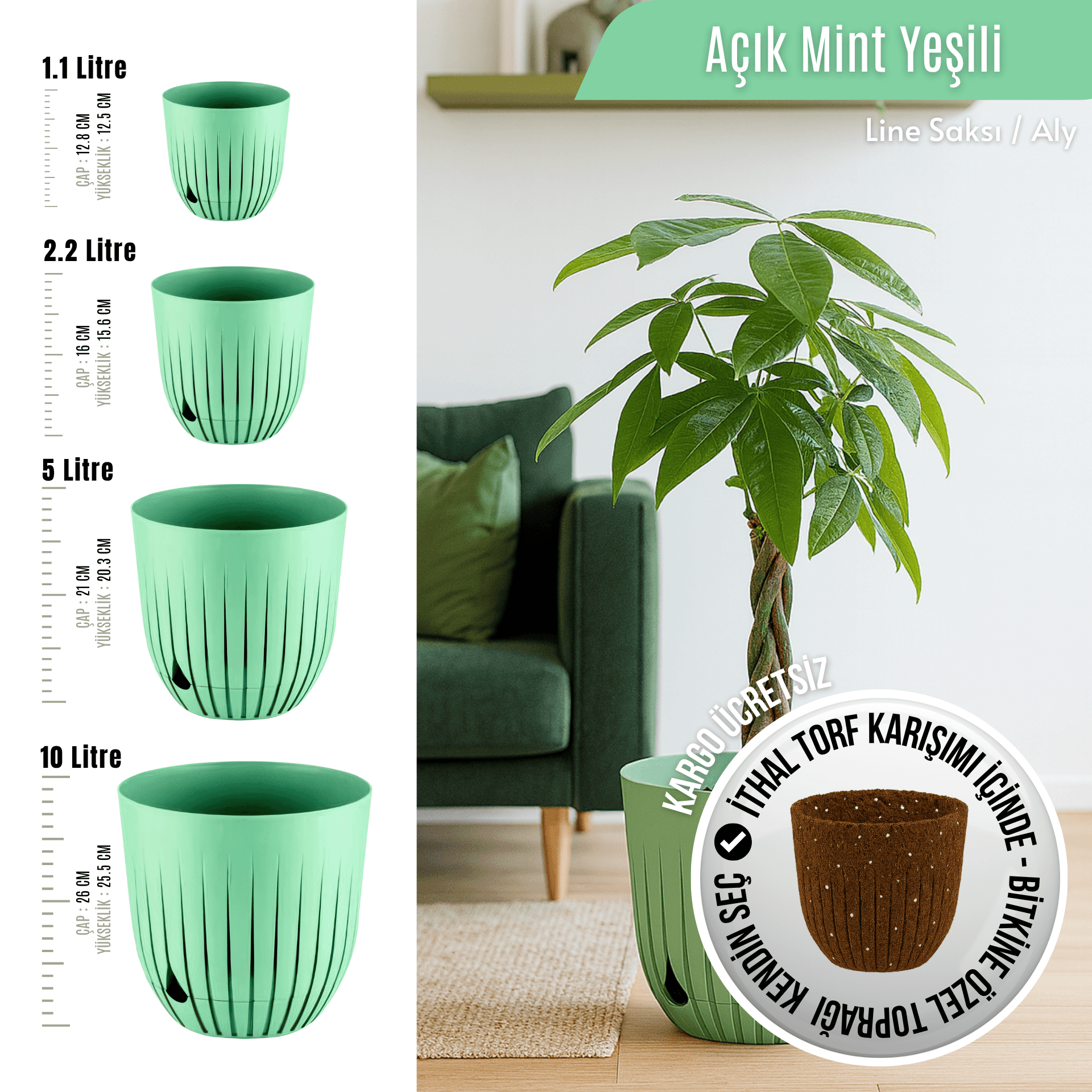 Line Tabaklı Bitki Saksısı | Açık Mint Yeşili (4 Boy Seçenekli) | İthal Torf Dahil